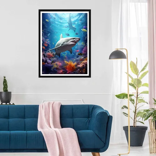 Vista 3 de SKRYUIE Kits de pintura de diamantes 5D tiburón, kits de arte de diamantes para adultos, animales marinos, taladro redondo completo, punto de cruz
