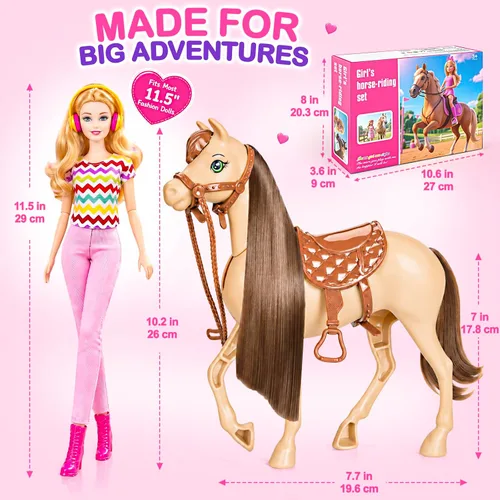 Vista 7 de 60 piezas de caballo de muñeca con muñeca, ropa y accesorios para regalos