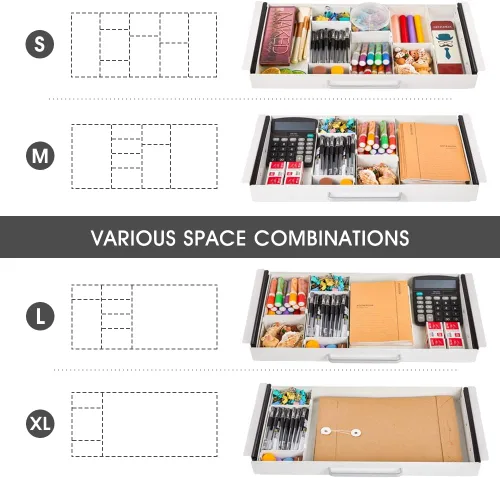 Vista 4 de Cajón de lápices deslizable de gran tamaño para debajo del escritorio, color blanco, con diseño de divisor de espacio ajustable para almacenar