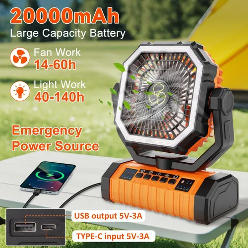 Vista 2 de ZioeYiue Ventilador de campamento recargable, 20000 mAh ventiladores de batería grande, ventilador recargable de 4 velocidades con control remoto
