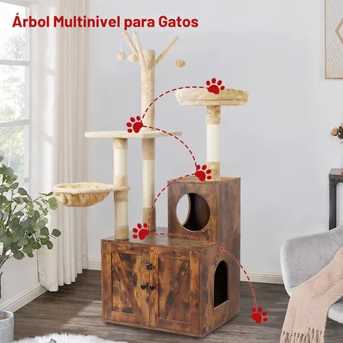 Vista 3 de Timberer Árbol para gatos con torre y caja de arena, refugio para gatos de madera 2-en-1 con poste de rascar de sisal, hamaca, marrón