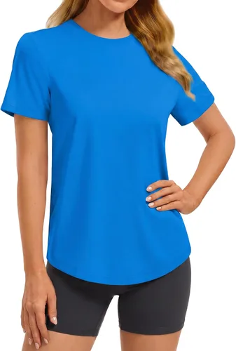 Vista 19 de PINSPARK Camisetas básicas de entrenamiento suaves para mujer, de manga Azul oscuro
