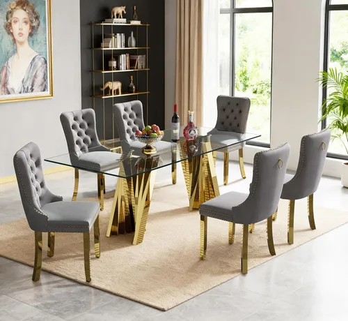 Vista 30 de Juego de mesa de comedor de cristal dorado de 5 piezas, 70 pulgadas, rectangular, moderna, para cocina y comedor, juego para 4, mesa de comedor