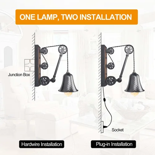 Vista 4 de Steampunk - Lámpara de pared industrial de polea enchufable, lámpara vintage de metal negro con interruptor, lámpara de pared retro con cable