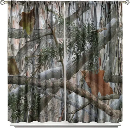 Vista 33 de Cortinas opacas de camuflaje de bosque, animales salvajes, osos, ciervos, alces, con bolsillo para barra, para sala de estar, dormitorio, decoración