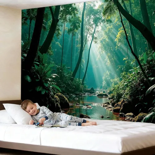 Vista 2 de Atrippy Tapiz verde de naturaleza forestal para dormitorio, paisaje brumoso, telón de fondo para colgar en la pared, mural de pared grande, tapices