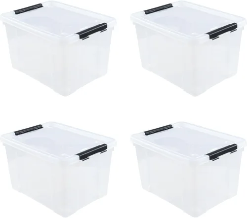 Vista 10 de Paquete de 4 contenedores de plástico transparente de 23 L con ruedas y pestillos Contenedores de almacenamiento transparentes con tapa, diseño