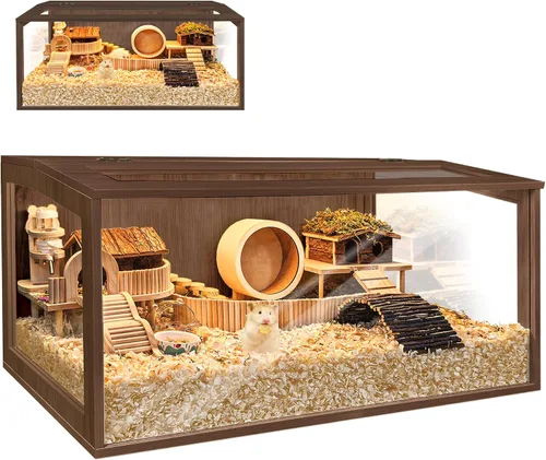 Vista 11 de PROLEE Jaula para hámster con parte superior de madera a prueba de masticación, jaulas de conejillo de indias, hábitat para hámster con hojas Roble