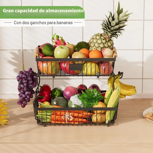 Vista 2 de Cesta de frutas de 2 niveles para encimera de cocina con 2 ganchos para plátanos, cesta de pan de metal para encimera con mango de madera, soporte