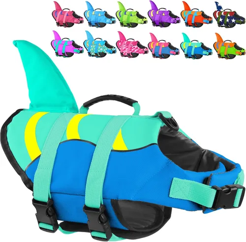 Vista 15 de Chaleco salvavidas para perros de Fragralley Shark, chaleco salvavidas ajustable para perros con aleta de tiburón, adecuado para perros pequeños