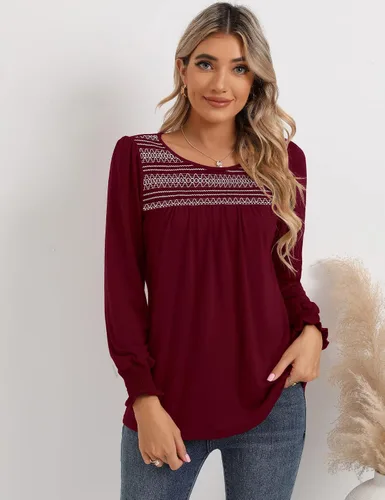 Vista 2 de LOMON Blusas de verano para mujer, de manga corta, estilo bohemio, bordado, informal, de algodón