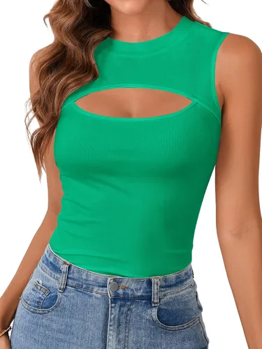 Vista 15 de Vrtige Camiseta sin mangas sexy con cuello redondo para mujer, de punto acanalado, sin mangas, ajustada