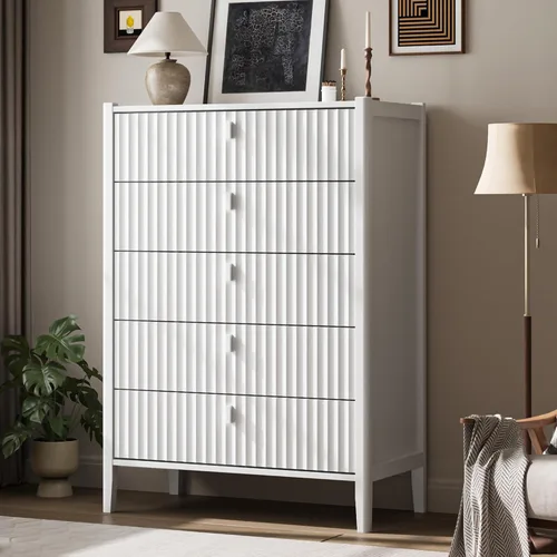 Vista 9 de Cómoda negra de 6 cajones para dormitorio, cómoda de madera moderna, cómoda doble de diseño acanalado con patas de madera, mueble de almacenamiento