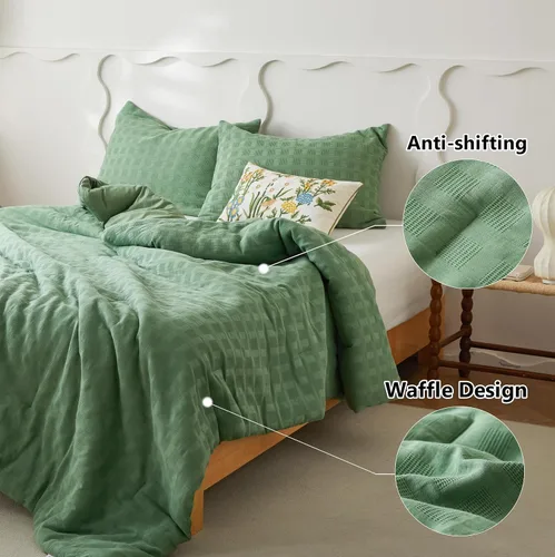 Vista 2 de Simple&Opulence Juego de edredón 100% algodón tejido gofre, juego de ropa de cama de 3 piezas (1 edredón y 2 fundas de almohada), ligero, suave