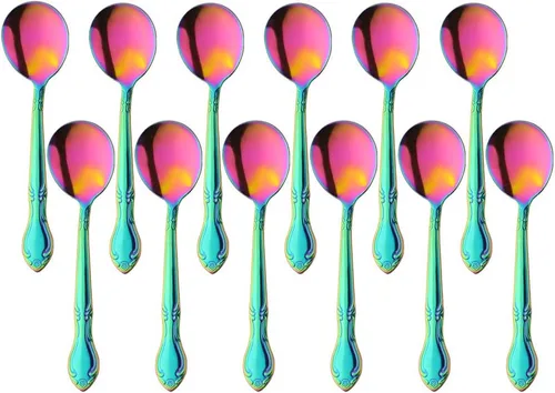Vista 62 de Cucharas de sopa, cucharas redondas de acero inoxidable para caldo con borde de flor, juego de 12 piezas de acero inoxidable para café, azúcar