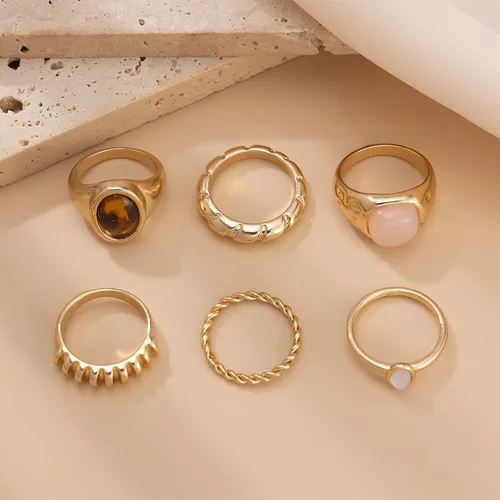 Vista 8 de Anillos de cristal gruesos de oro para mujer, diseño de cúpula grande, piedra lunar, juego de anillos vintage bohemios, punk, joyería vanguardista