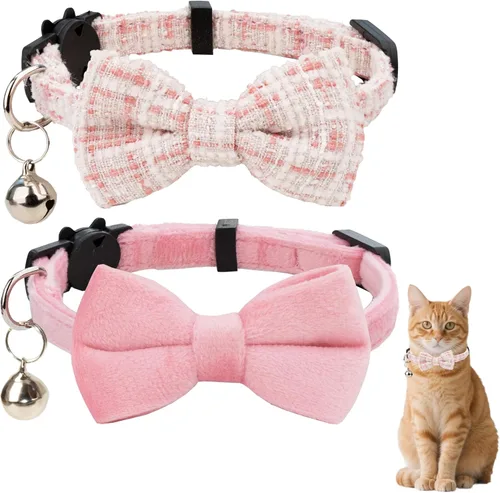 Vista 11 de Collar de gato con campana para niño y niña, pajarita de seguridad, a cuadros, color sólido, conjunto de regalo, lindo festivo, [2 piezas], verde