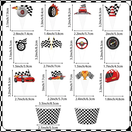 Vista 2 de 48 paquetes de toppers y envolturas de cupcakes de coche de carreras, decoración de pastel de fiesta de carreras con temática de carreras y cuadros