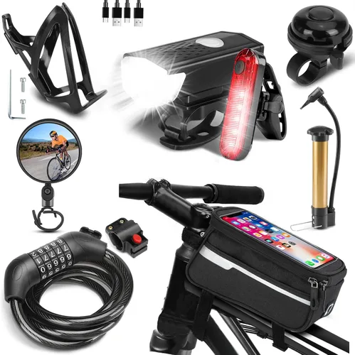 Vista 2 de Paquete de 8 accesorios para bicicleta, juego de luces para bicicleta recargable por USB, 1 soporte para botella de agua para bicicleta, bolsa