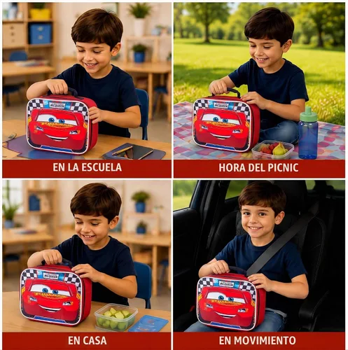 Vista 3 de Fast Forward Cars Lightning McQueen Bolsa de almuerzo aislada para niños Rojo(Cars Red)