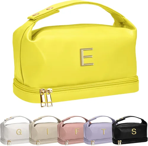 Vista 130 de Bolsa de maquillaje con asa, bolsa de cosméticos impermeable de doble capa, bolsas de maquillaje de cuero PU de gran capacidad con letra, bolsa