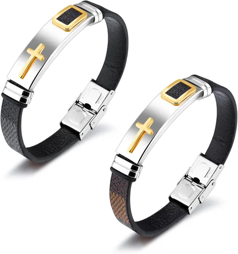 Vista 4 de StarLight Pulseras religiosas de cruz para hombre, acero inoxidable y cuero de silicona, para adolescentes, niños y hombres, Cuero de silicona,