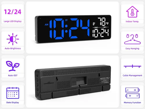 Vista 2 de Reloj de pared LED digital grande con fecha, temperatura, brillo automático, DST automático Gran reloj digital para dormitorio, escritorio, aula