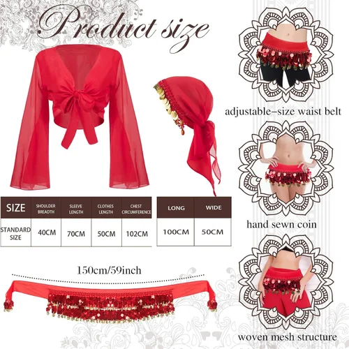 Vista 2 de Panitay 1 juego de disfraz gitano para mujer, bufanda para la cabeza, bufanda de cadera con monedas, aretes de danza del vientre, collar, pulsera