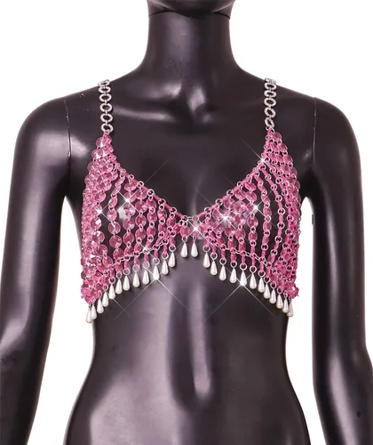 Vista 4 de Sujetador de cadena de cuerpo sin espalda halter de perlas sexy para mujer
