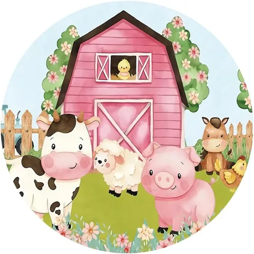 Vista 3 de Yeele Fondo redondo de dibujos animados de animales de granja de 6.5 x 6.5 pies para niños, granero rosa, granero, animales, vacas, cerdos, corral