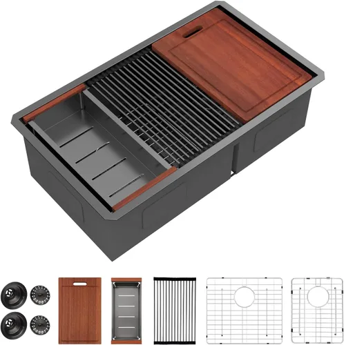 Vista 24 de Sarlai Fregadero de Cocina Dorado Bajo Encimera de 33 Pulgadas Doble Tazón 33 x 19 Pulgadas Bajo Dividido Dorado Estación de Trabajo Fregadero Doble