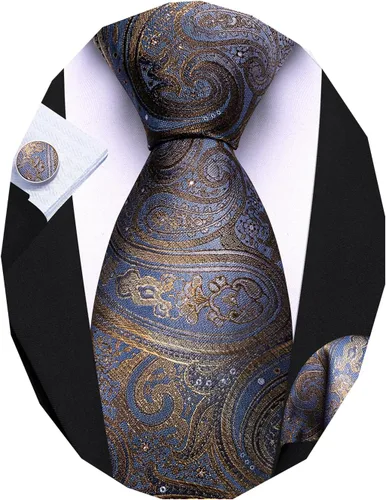 Vista 28 de Barry.Wang Conjunto de corbatas para hombre, seda con diseño de cachemira, corbata tejida formal con pañuelo de bolsillo y gemelos Un Burgandy