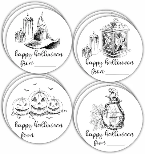 Vista 5 de 40 etiquetas redondas de Halloween, calcomanías redondas con tema de boceto de 2 pulgadas para envoltura de Halloween, 4 estilos de calavera