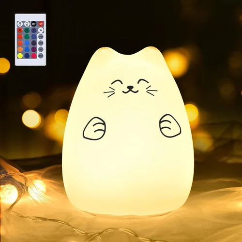 Vista 9 de Lámpara LED de mesilla de noche con forma de gato, multicolor silicona suave para habitación del bebé, control, blanco cálido y 7 modos de luz