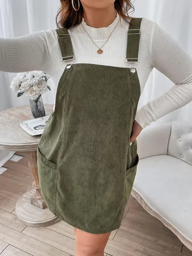 Vista 5 de WDIRARA Vestido corto de pana sin mangas para mujer, talla grande, con bolsillo