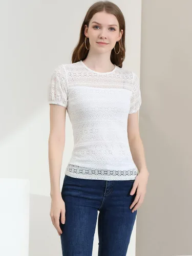 Vista 2 de Allegra K Blusa de encaje bordada elegante con manga abombada para mujer, M