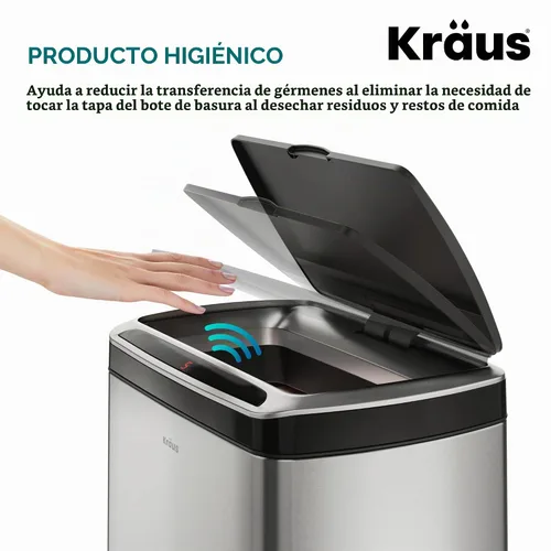 Vista 3 de Kraus GarbagePro Bote de basura rectangular de 13 galones manos libres con sensor de movimiento operado por batería en acabado negro mate con tapa