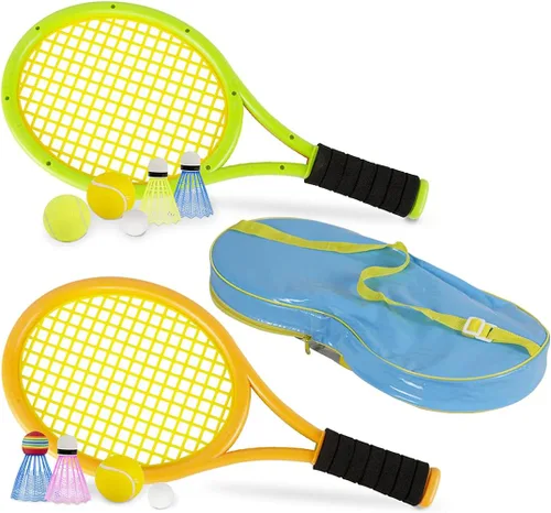 Vista 8 de Raquetas de tenis para niños con bolsa de transporte, pelotas de entrenamiento suaves y pájaros de bádminton, juego de regalo de raquetas de tenis