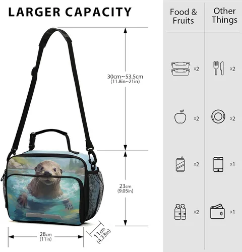 Vista 4 de Linda lonchera infantil con diseño de nutria, con aislamiento, reutilizable, con correa para el hombro, para niños y niñas