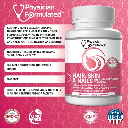 Vista 5 de Vitaminas para cabello, piel y uñas sanos creado por médicos para hombres y mujeres. 0.00026 oz. de biotina, aminoácidos, colágeno y ácido