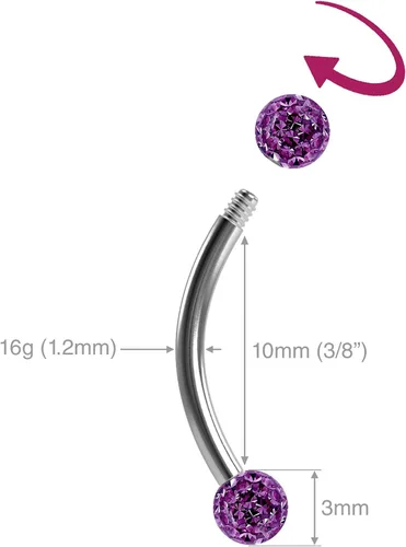 Vista 2 de Evonix 2pc 16g Curved Barbell 10mm Crystal Nipple Ring Cartilage Rook Daith Eyebrow Helix Ferido CZ Gems