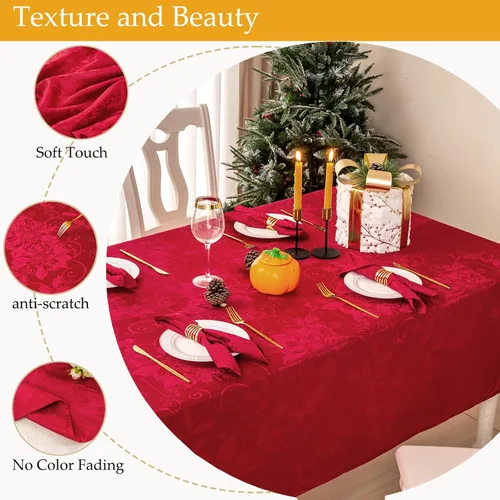 Vista 3 de Mebakuk - Mantel rectangular de Navidad de Jacquard, mantel de tela lavable, mantel de mesa a cuadros impermeable y antiarrugas para uso diario