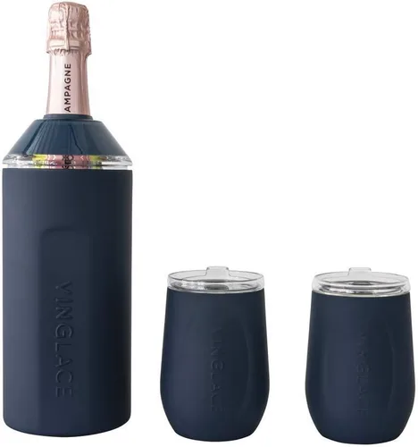 Vista 8 de Vinglacé Juego de regalo enfriador de botellas de vino, enfriador de vino portátil de acero inoxidable con 2 copas de vino sin tallo, color negro