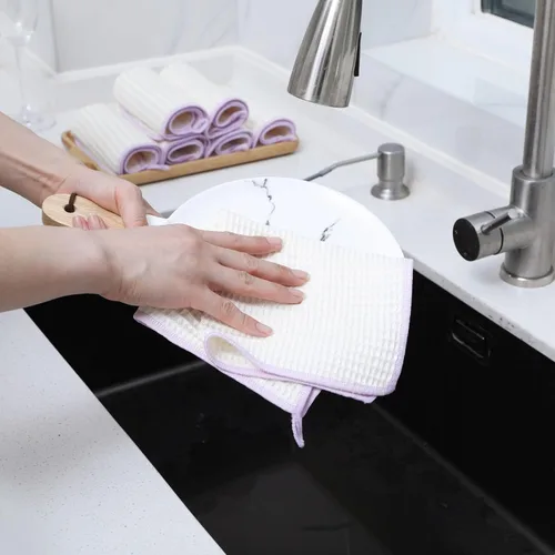 Vista 6 de Oeleky Paquete de 8 paños de cocina para platos, resistentes y absorbentes, para lavar platos, paños de limpieza de tejido de gofre de secado rápido