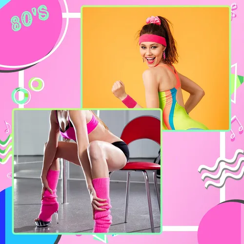 Vista 7 de Juego de accesorios para disfraz de entrenamiento de neón de los años 80, 10 unidades, calentadores de piernas para mujer, diadema de los años 80