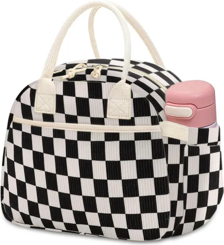 Vista 13 de Carry bloom Lonchera para mujer, lonchera aislada, bonita lonchera de pana reutilizable para el trabajo (1 rayas blancas y negras)