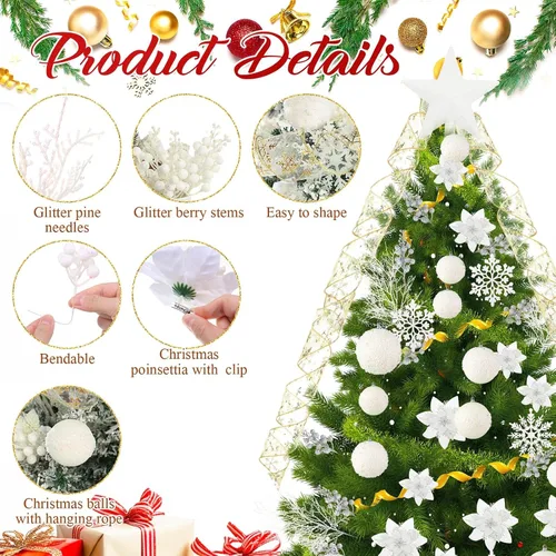 Vista 2 de Moucuny Set de 68 Piezas de Adornos para Árbol de Navidad, Adorno de Bola de Árbol de Navidad con Purpurina Inastillable, Flores de Pascua, Cinta
