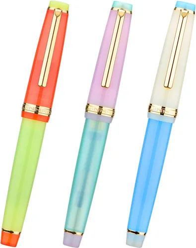 Vista 17 de 3 Jinhao 82 Pluma estilográfica acrílica transparente de color clásico mixto con punta media y borde dorado, con juego de conversor Mezcla clásica