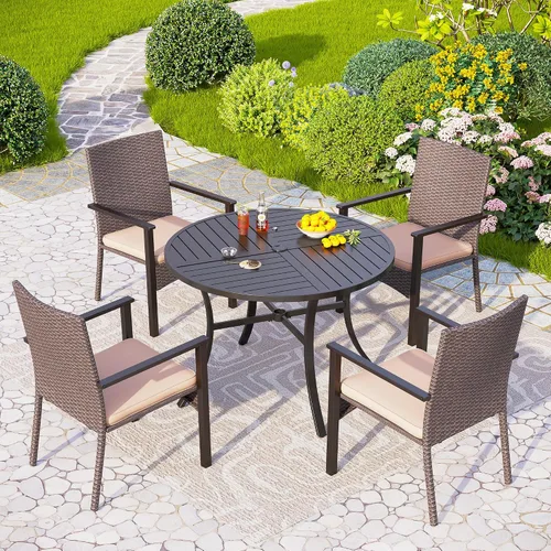 Vista 8 de PHI VILLA Juego de comedor al aire libre de 5 piezas para 4, mesa de comedor cuadrada de metal y sillas de mimbre de ratán con cojines, muebles