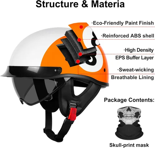 Vista 5 de Medio casco de motocicleta con visera para adultos y jóvenes, cascos retro aprobados por DOT para hombres y mujeres, compatibles con ciclomotor